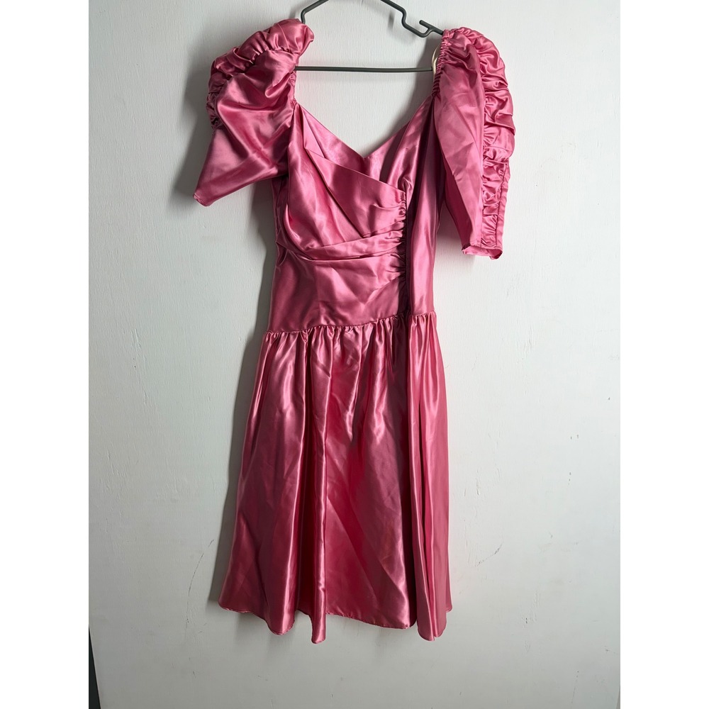 Vintage 80s Pink Satin Prom Dress Puffy Sleeve Ruched Cocktail Party Gown Small